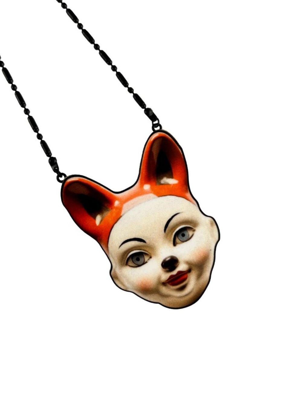 Vintage Style Kitsch Doll Clown Head Fox Ears Wood Pendant Necklace Creepy-Cute